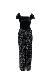 DRAPED VELVET SEQUIN MAXI DRESS IN BLACK