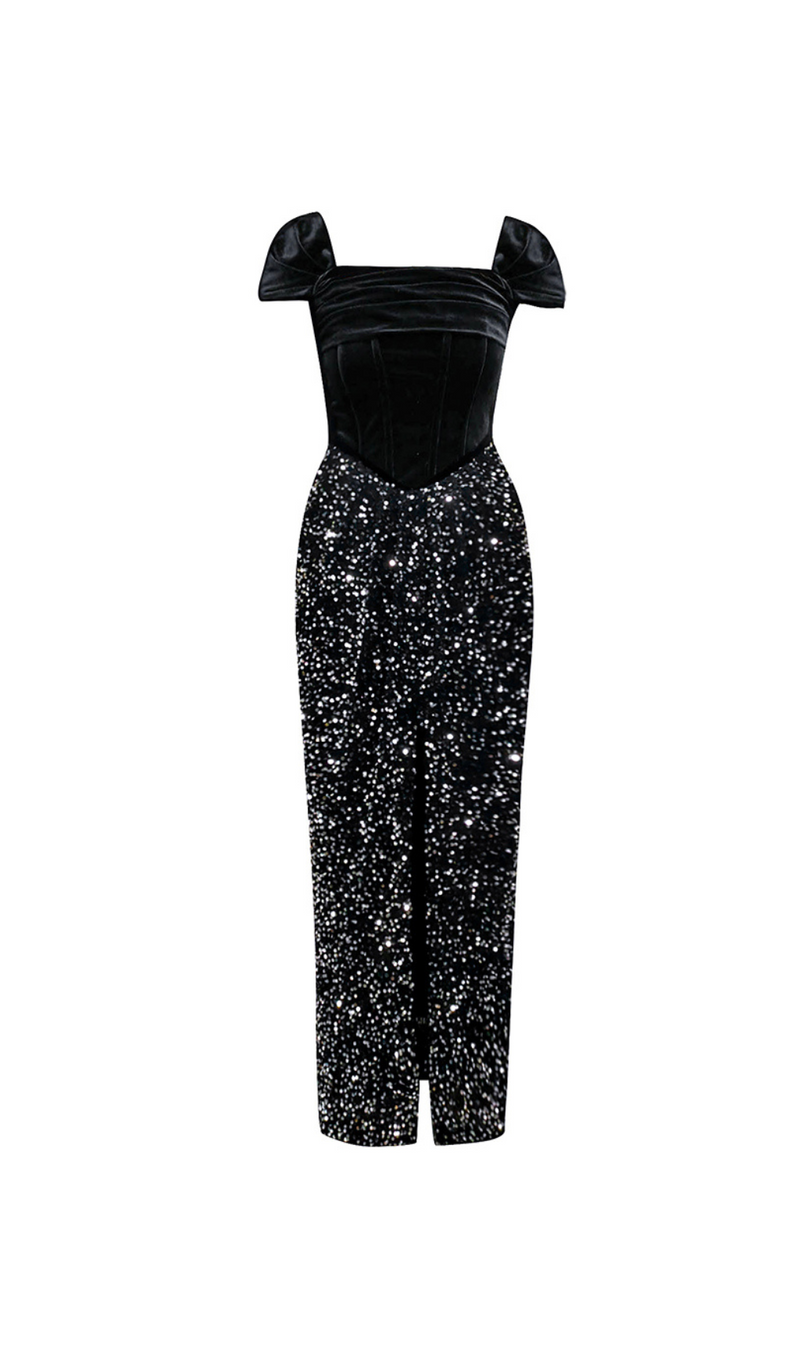 ROBE MAXI DRAPÉE EN VELOURS À SEQUINS NOIR