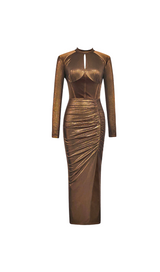 ROBE MAXI CORSET BRILLANTE À MANCHES LONGUES EN MARRON