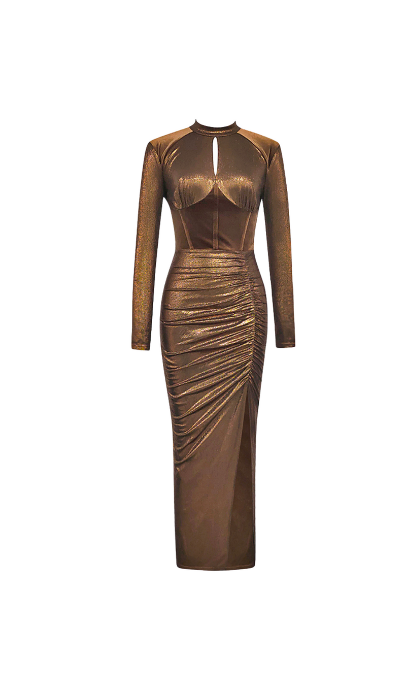 ROBE MAXI CORSET BRILLANTE À MANCHES LONGUES EN MARRON