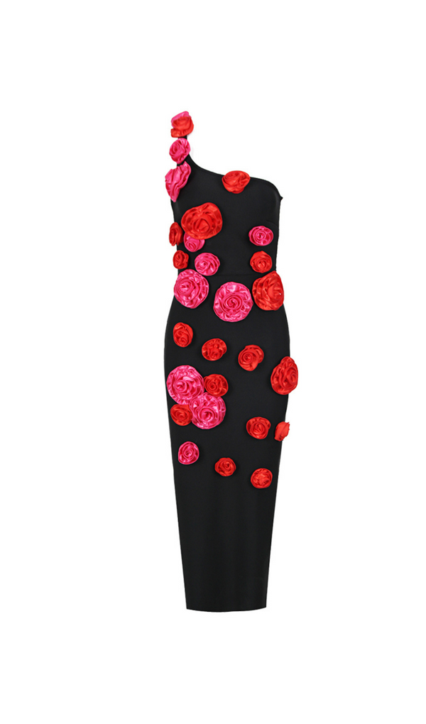 ROBE MIDI UNE ÉPAULE DÉTAIL ROSE EN NOIR