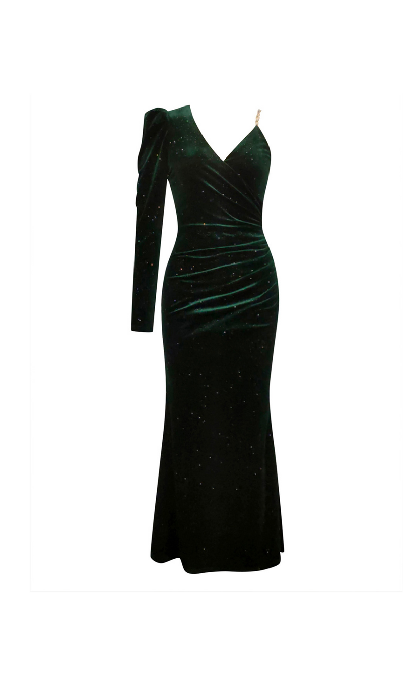 GREEN SINGLE SLEEVE VELVET MAXI DRES