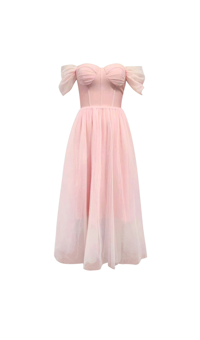 OFF-SHOULDER-KORSETT-MIDIKLEID IN A-LINIE IN ROSA 