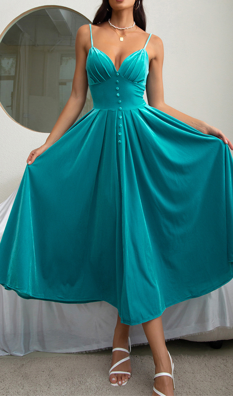 ROBE EN VELOURS FENTE DEVANT BLEU VERT 