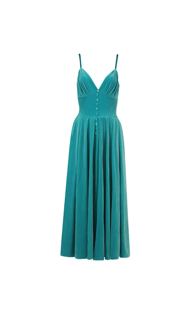 ROBE EN VELOURS FENTE DEVANT BLEU VERT 