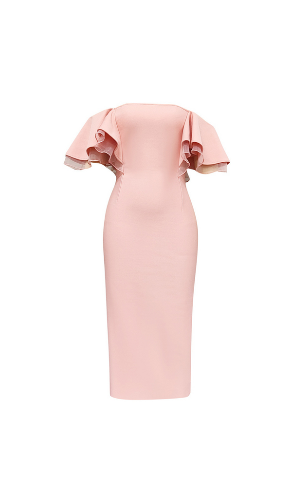 ROBE MIDI MANCHES VOLANTS ROSE SAUMON 