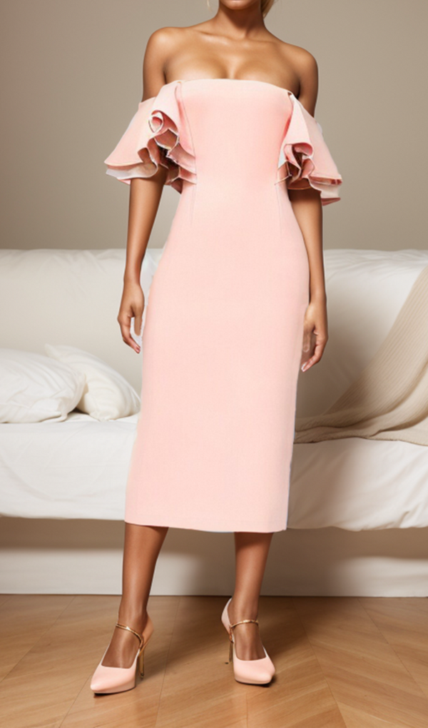 RUFFLE SLEEVE MIDI DRESS SALMON PINK