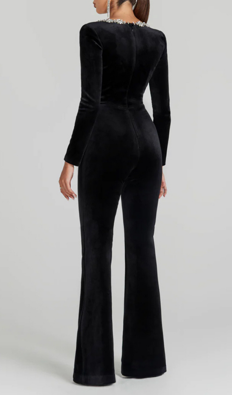 LONG SLEEVE CRYSTAL NECKLINE JUMPSUIT IN BLACK