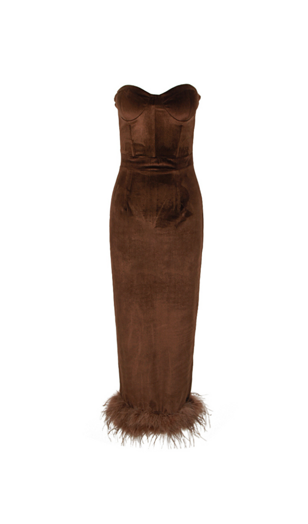 STRAPLESS BUSTIER FEATHER HEM MIDI VELVET DRESS BROWN