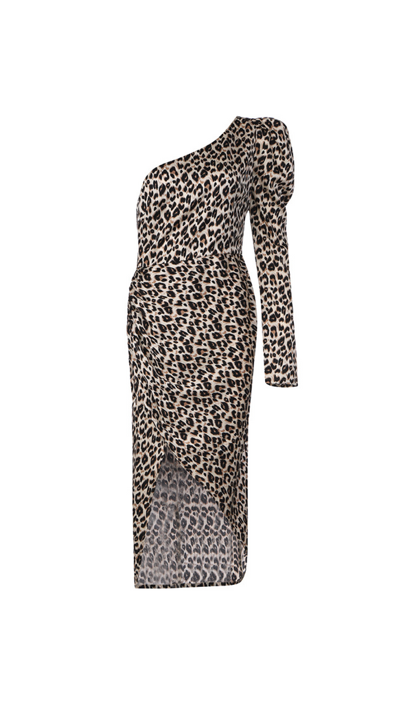 LEOPARD PRINT ONE SHOULDER TIE SIDE WRAP DRESS