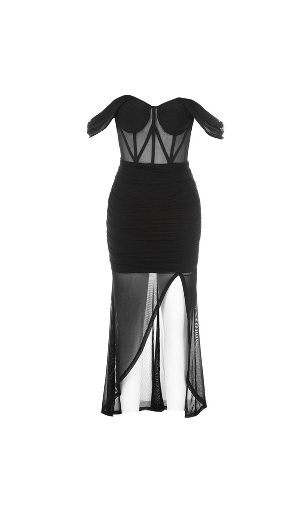 ROBE MAXI EN MAILLE DRAPÉE BUSTIER À ÉPAULE DÉNUDÉE 