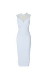 ROBE MIDI CÔTELÉE INSERT MESH BLEU CLAIR 