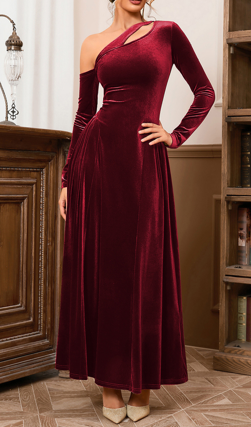 ROBE A-LINE EN VELOURS SANS BRETELLES À MANCHES LONGUES 