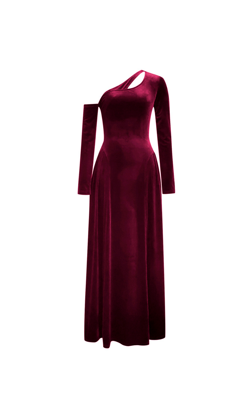 LONG SLEEVE STRAPLESS VELVET A-LINE DRESS