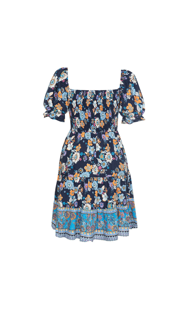 KLEID MIT BLUMENPRINT, RÜSCHEN UND PUFFÄRMELN 