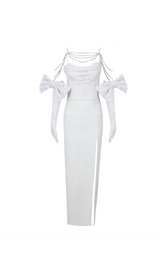 WHITE BACK BANDAGE MAXI DRESS WITH GLOVES