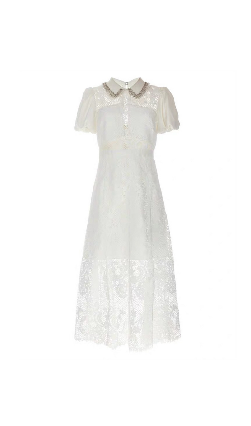 WHITE LACE DIAMANTE COLLAR MIDI DRESS