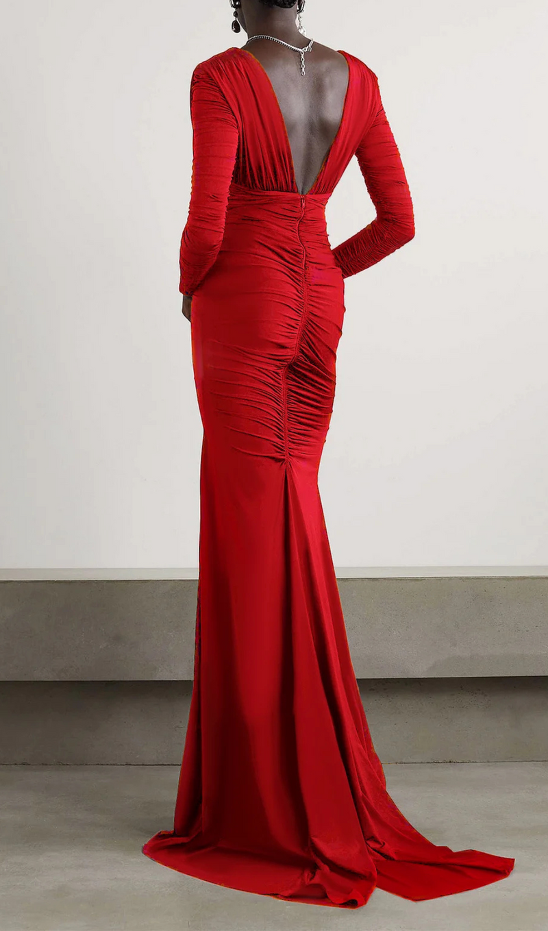 LONG SLEEVE RUCHED MERMAID MAXI DRESS RED