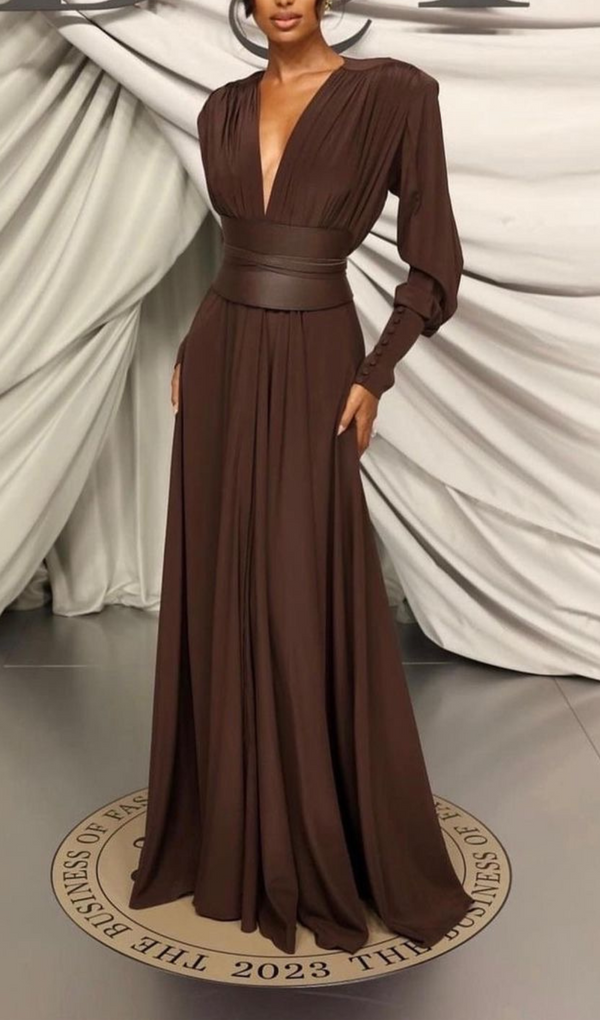 LONG SLEEVE PLUNGE V NECK MAXI DRESS BROWN