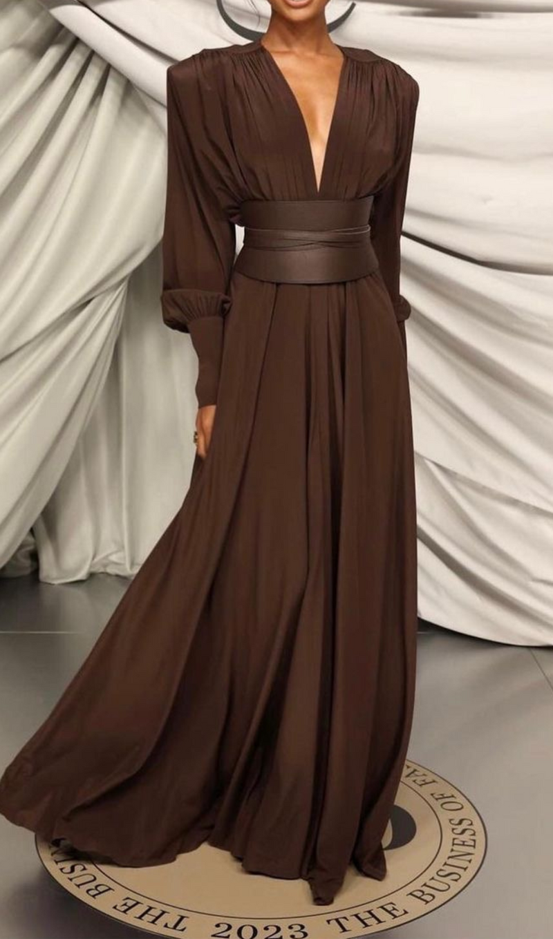 ROBE MAXI À MANCHES LONGUES ET COL EN V MARRON