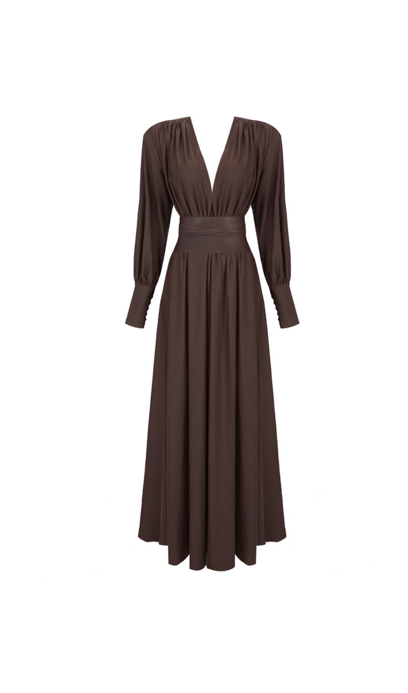 ROBE MAXI À MANCHES LONGUES ET COL EN V MARRON