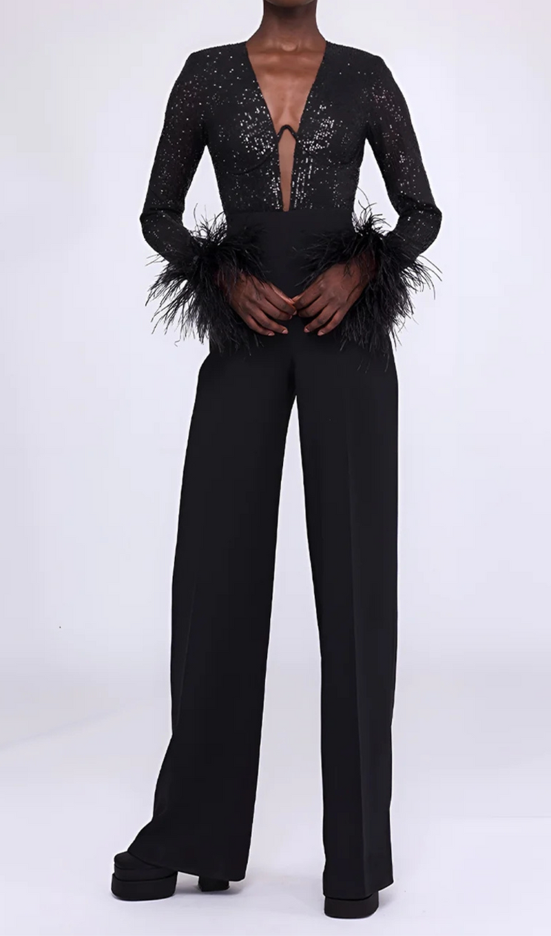 COMBINAISON MANCHES LONGUES SEQUINS PLUME NOIR