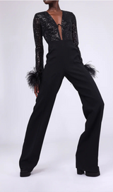 COMBINAISON MANCHES LONGUES SEQUINS PLUME NOIR