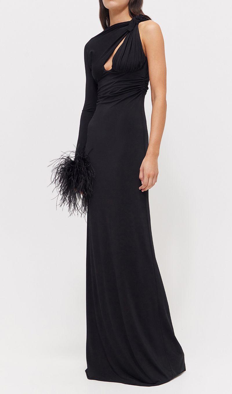 ROBE MAXI PLUME À UNE MANCHE NOIR