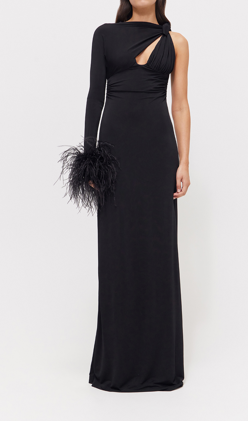 ROBE MAXI PLUME À UNE MANCHE NOIR