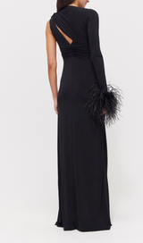 ROBE MAXI PLUME À UNE MANCHE NOIR