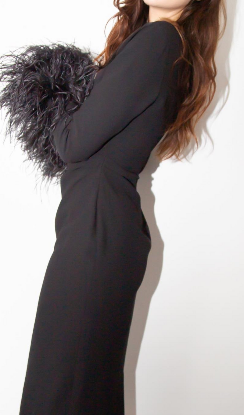 ROBE MAXI PLUME À UNE MANCHE NOIR