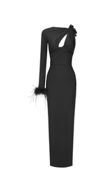 ROBE MAXI PLUME À UNE MANCHE NOIR