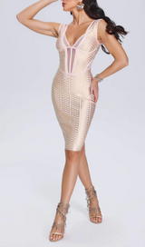 METALLIC BANDAGE MIDI DRESS IN APRICOT