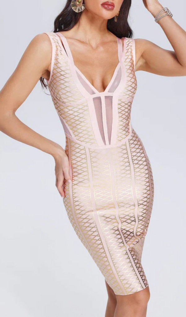 METALLIC BANDAGE MIDI DRESS IN APRICOT