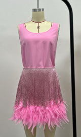 SHINY FRINGE FEATHER MINI DRESS IN PINK