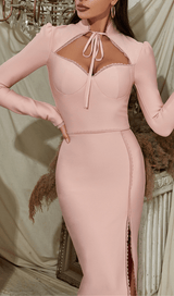 LOW-CUT LONG-SLEEVED SLIMMING TIGHT SLIT MAXI DRESS