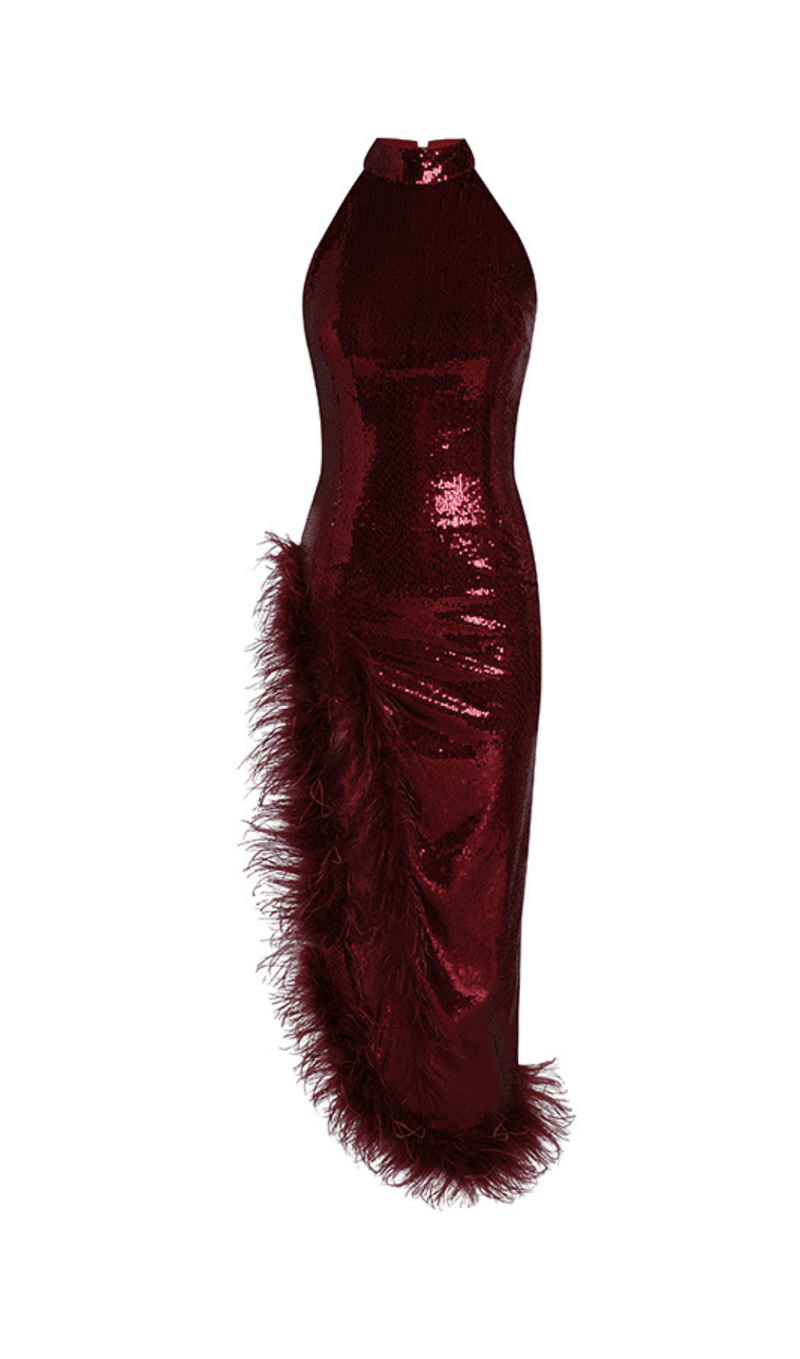 RED SLIT SEQUIN FEATHER MAXI DRESS