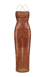 SEQUIN BACKLESS MAXI DRESS IN BROWN