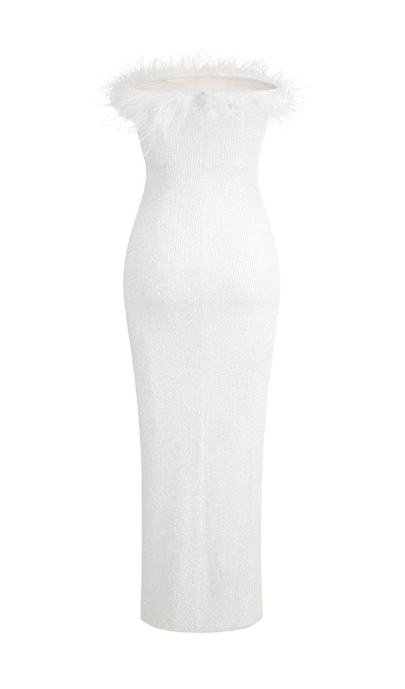 OSTRICH HAIR DECORATIVE BANDEAU MAXIC DRESS IN WHITE