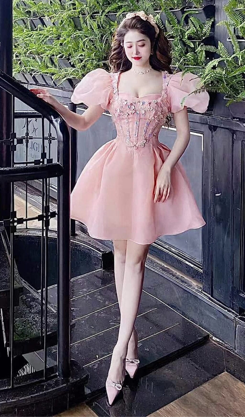 THREE-DIMENSIONAL FLOWER EMBROIDERY MINI DRESS