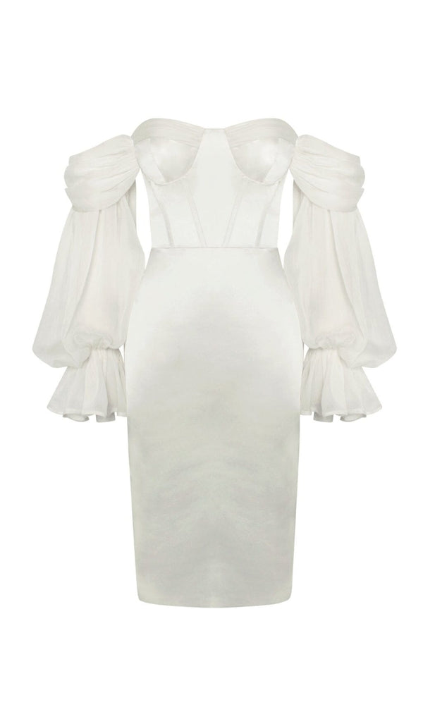 LYDIA PEARL WHITE SATIN OFF SHOULDER PUFF SLEEVE DRESS