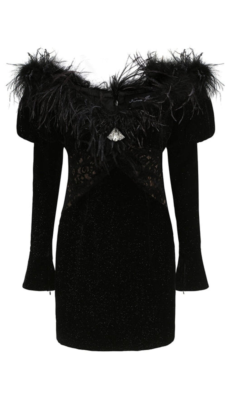 OFF SHOULDER OSTRICH FUR DECORATIVE SLIM-FIT MINI DRESS IN BLACK