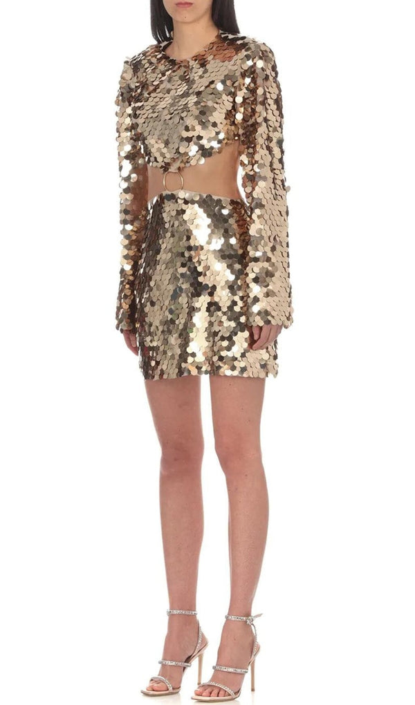 SPARKLING LONG SLEEVE MINI DRESS IN GOLD