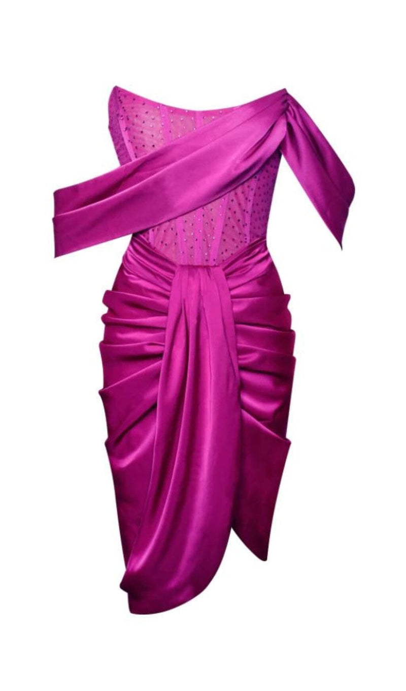 DARLENE FUCHSIA OFF SHOULDER CORSET SATIN DRESS WITH CRYSTALS