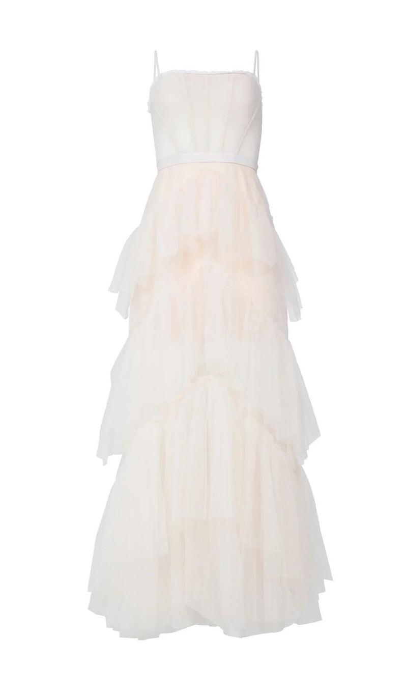 TIERED RUFFLE TULLE EVENING MAXI DRESS