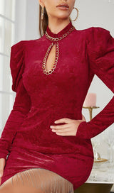 WINE RED CHINESE STYLE DARK GRAIN MINI DRESS