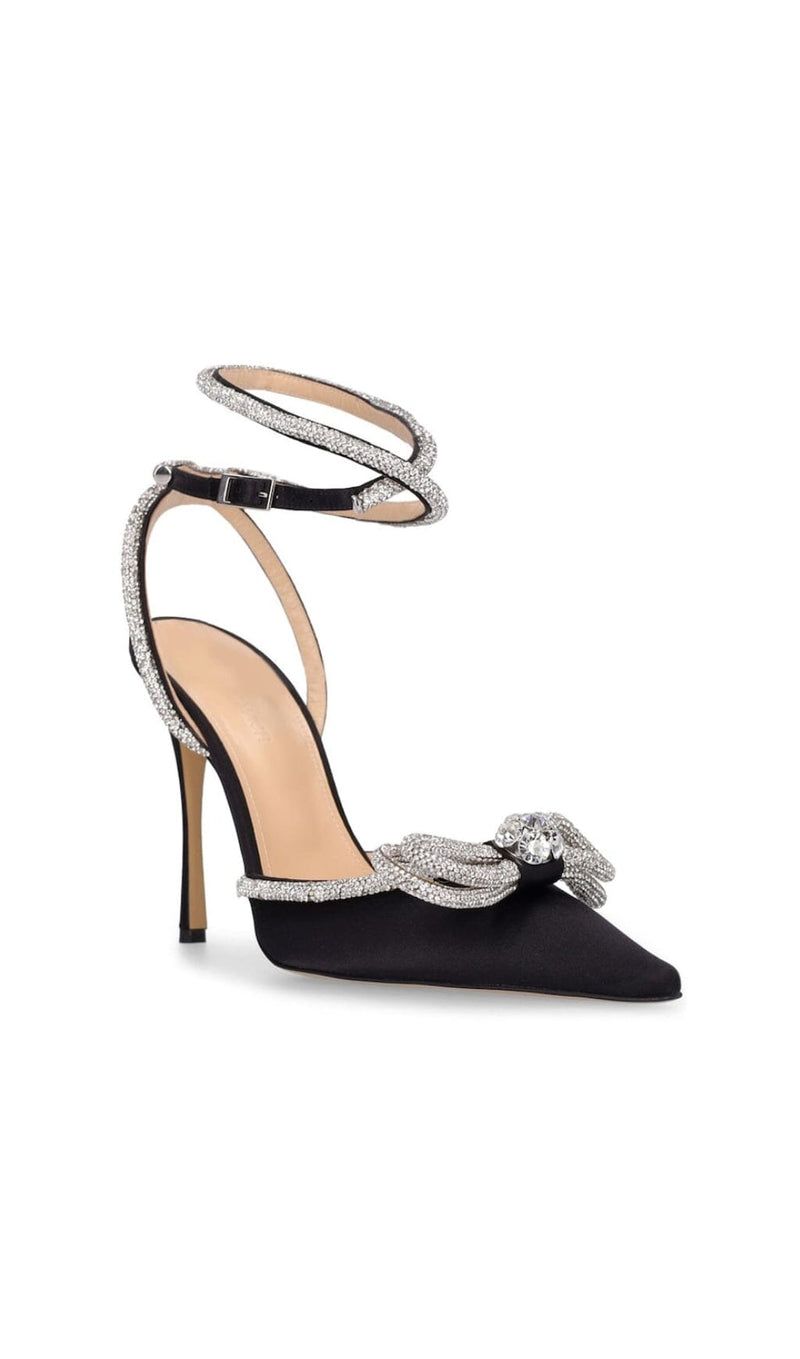 BOW CRYSTAL SATIN HEELS IN BLACK