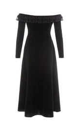 VELVET LACE ONE PIECE NECKLINE VINTAGE MIDI DRESS IN BLACK