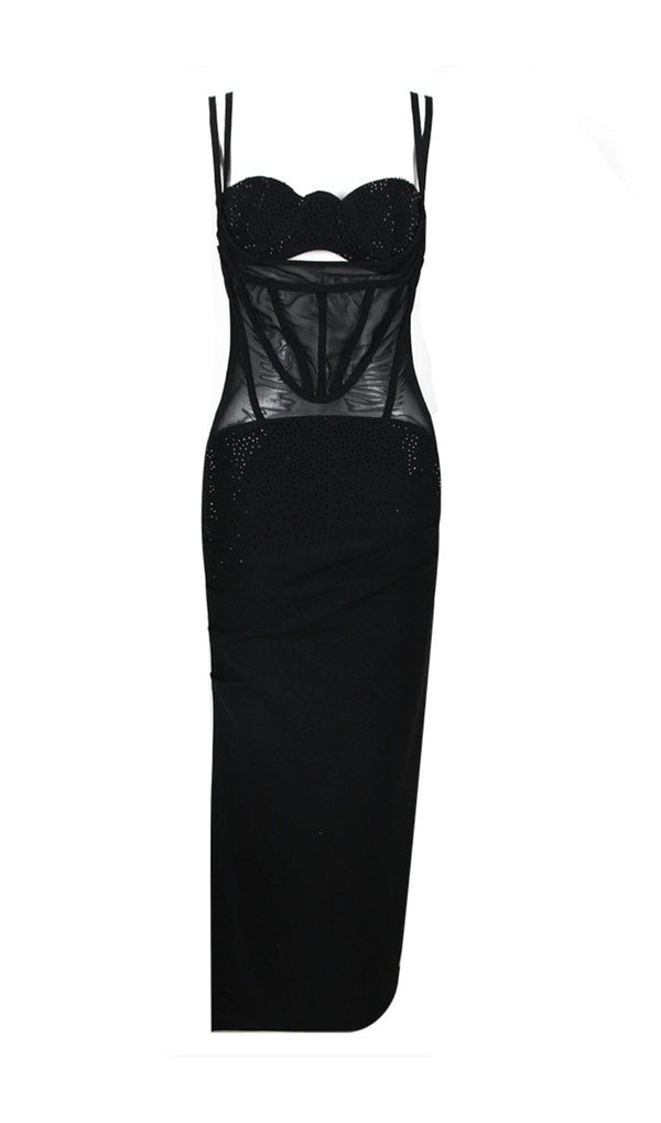 MESH CORSET SPLIT MAXI DRESS IN BLACK