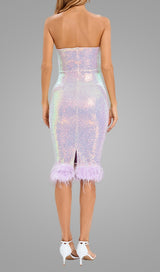 FEATHER SEQUIN MIDI DRESS IN PURPLE